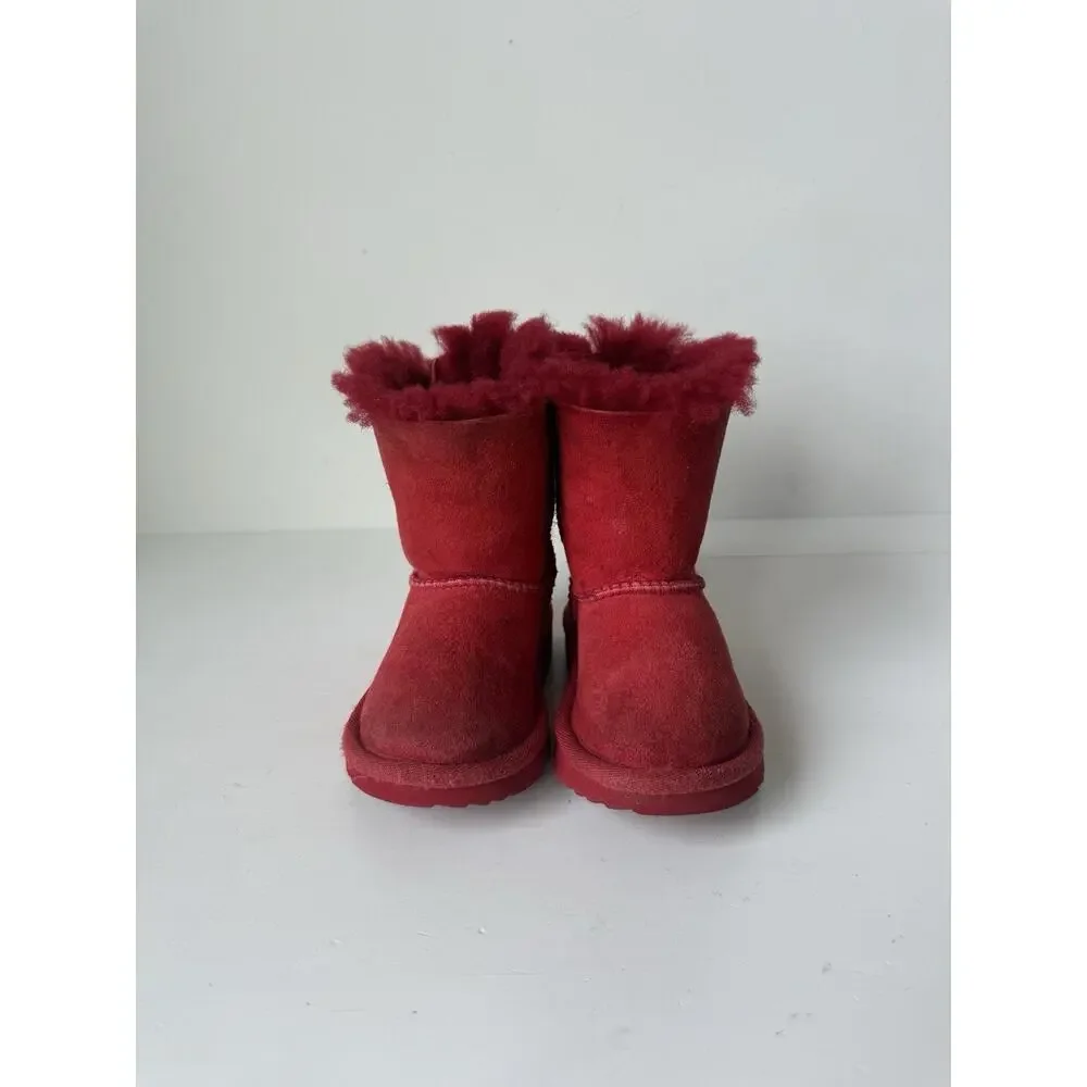 UGG Bailey Bow Boots Toddler Girls 7 Red Suede Sheepskin Fur